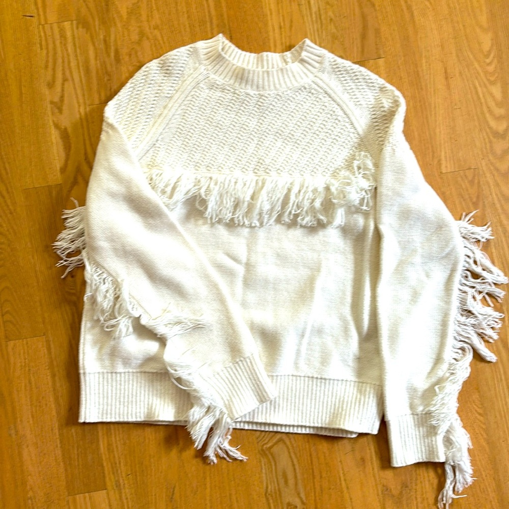 Frame off white fringed long sleeve sweater. - Picture 1 of 10